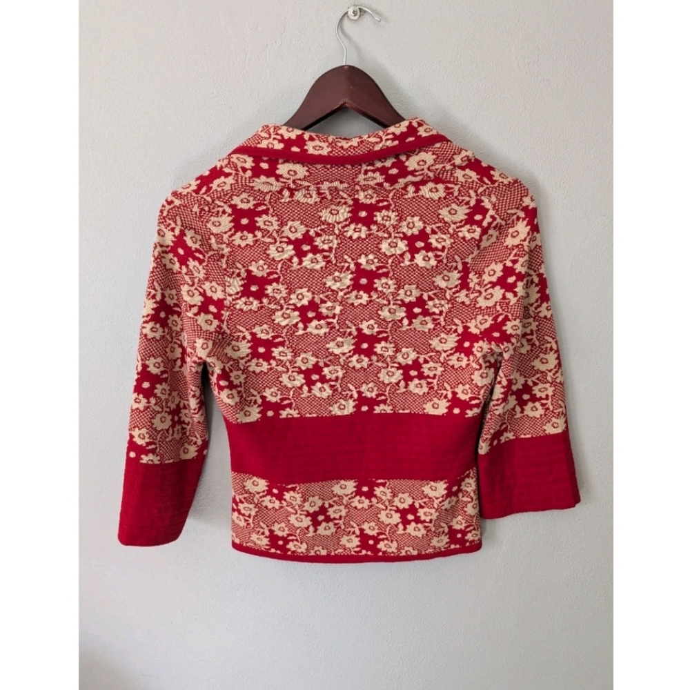 Anthropologie Moth Red and Tan Floral Knit Cardigan Sweater With Button Small - Picture 2 of 8